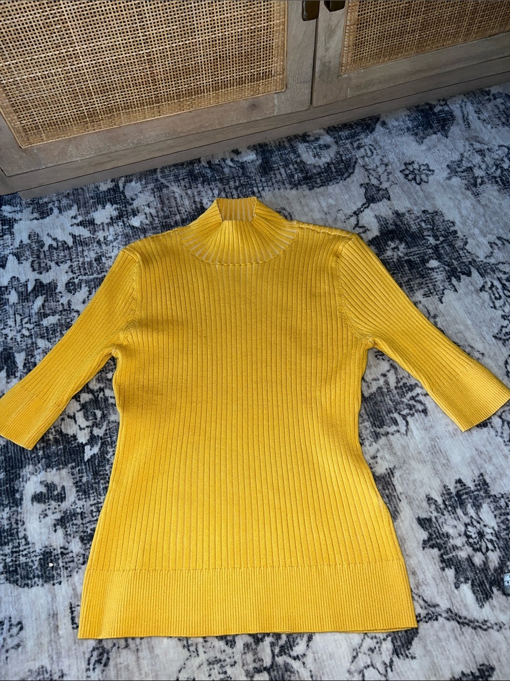 Polyester blend ribbed knit top, DKNY, mock neck with 3/4 sleeves